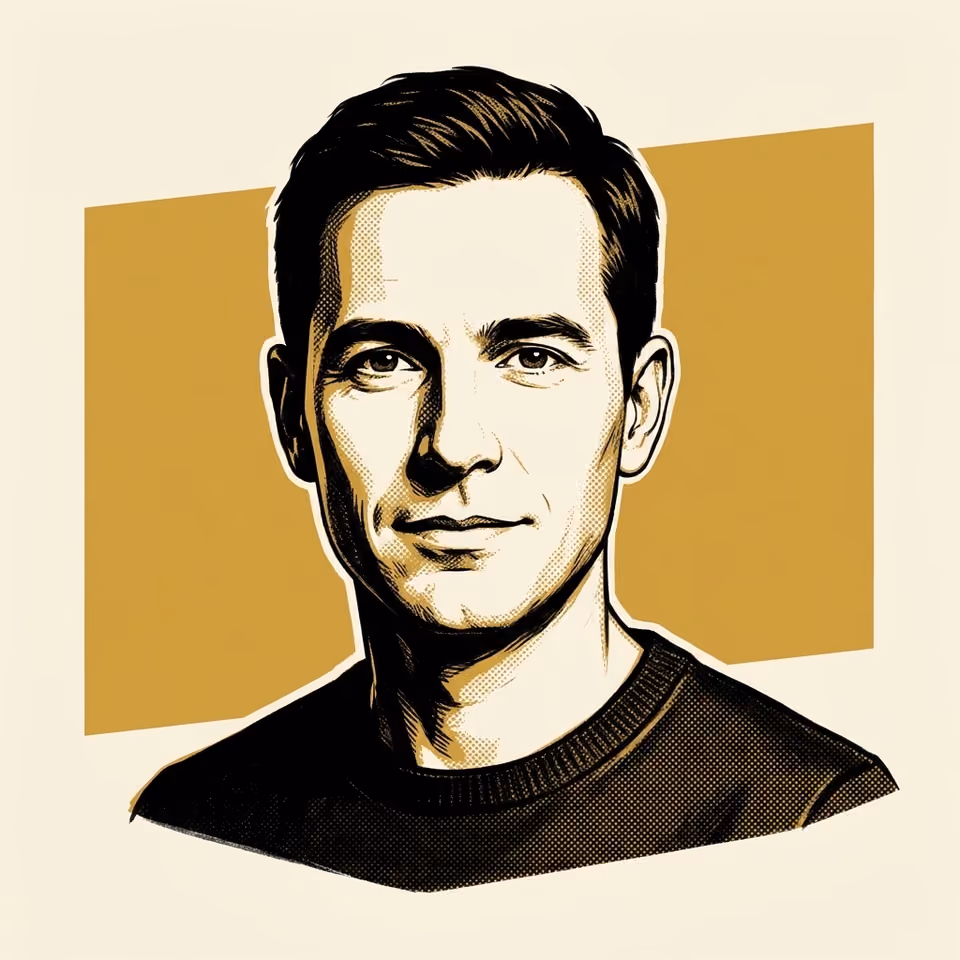 An inked portrait of a person in a dark crew-neck sweater, against a plain gold panel
