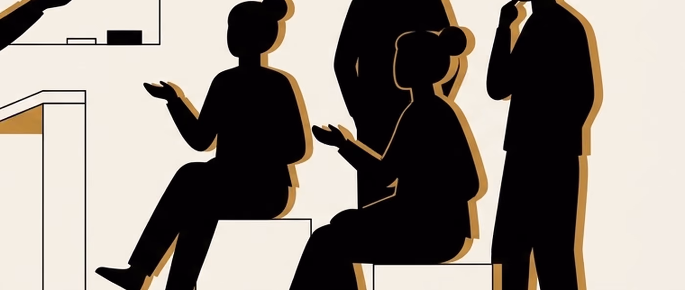 Three people in a room, one seated and gesturing, two standing and listening. Flat gold and black on cream