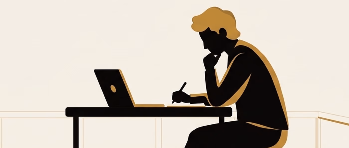 A person at a laptop on a bare desk, chin resting on one hand and a pen in the other. Flat gold and black on cream