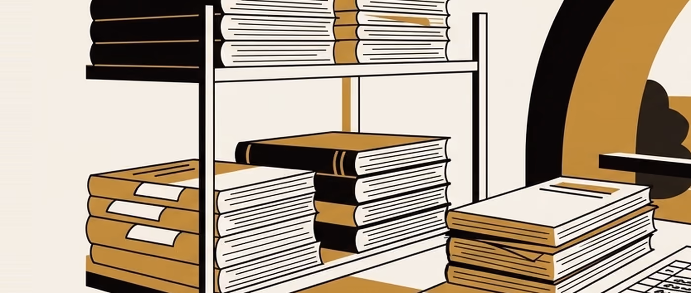 Stacks of bound journals and books on a library trolley and table, seen edge-on. Flat gold and black on cream