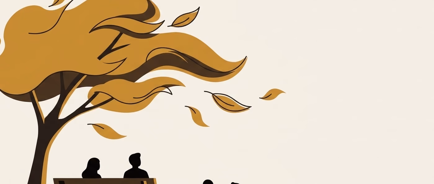 A windblown tree at the left with two small figures on a bench beneath it, and most of the frame left as open ground. Flat gold and black on cream