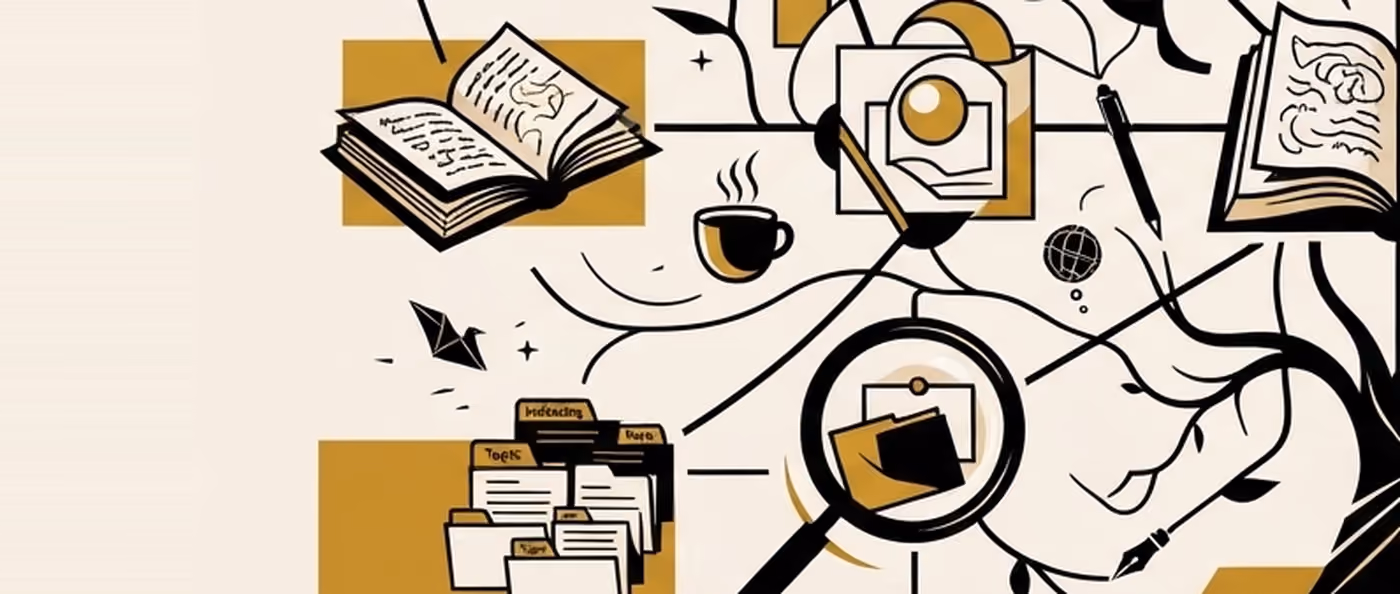 Part of a branching tree made of objects. Coffee cups, an open book, a magnifying glass and a stack of papers. Flat gold and black on cream