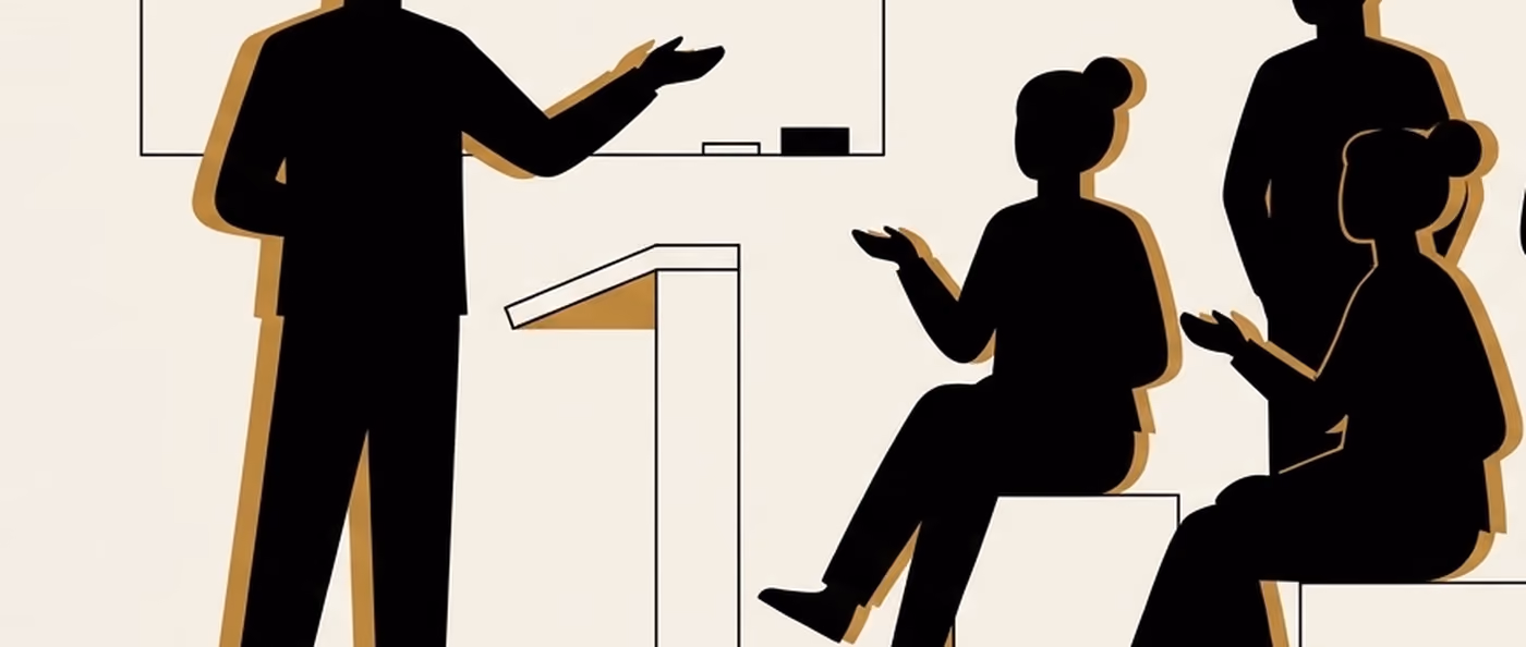 A speaker at a whiteboard, one hand open mid-sentence, with three people seated and standing in front of them. Flat gold and black on cream