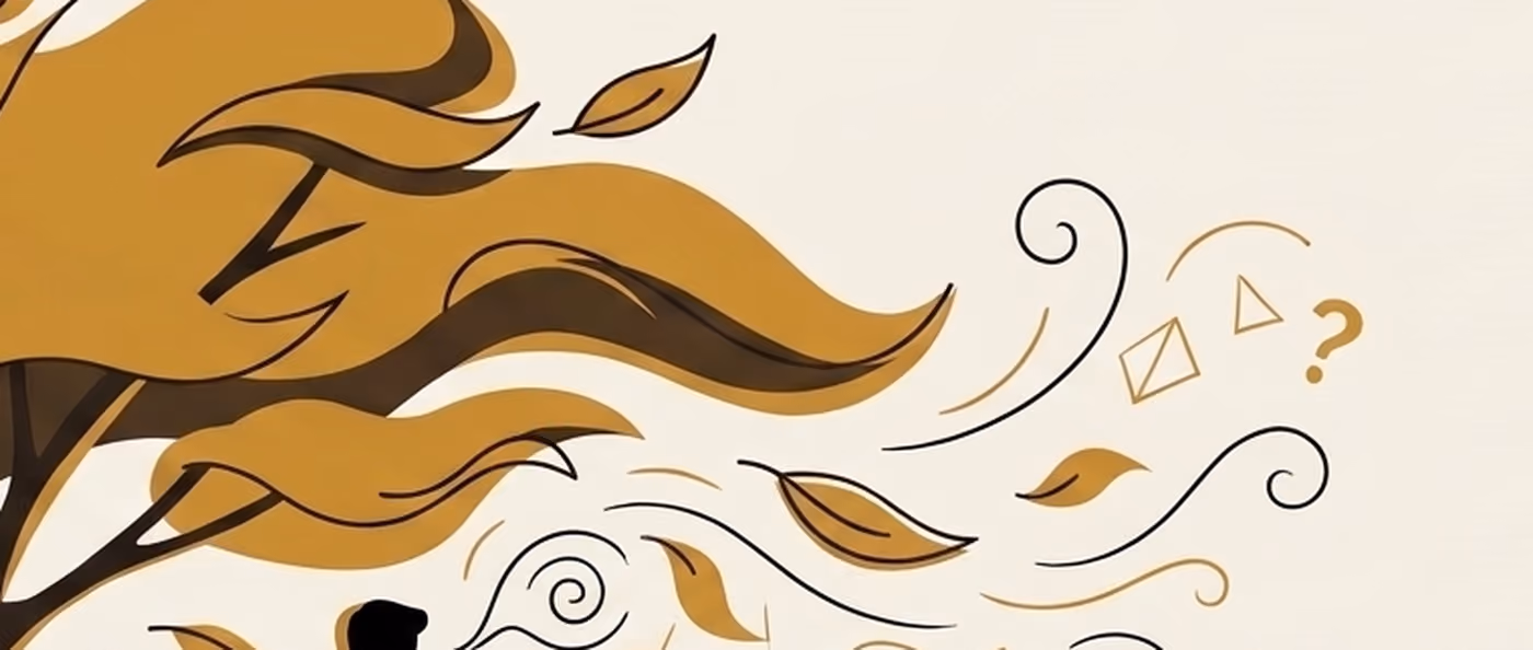 Leaves blowing off a tree and dissolving into tight curling spirals, small outlined shapes and a question mark. Flat gold and black on cream