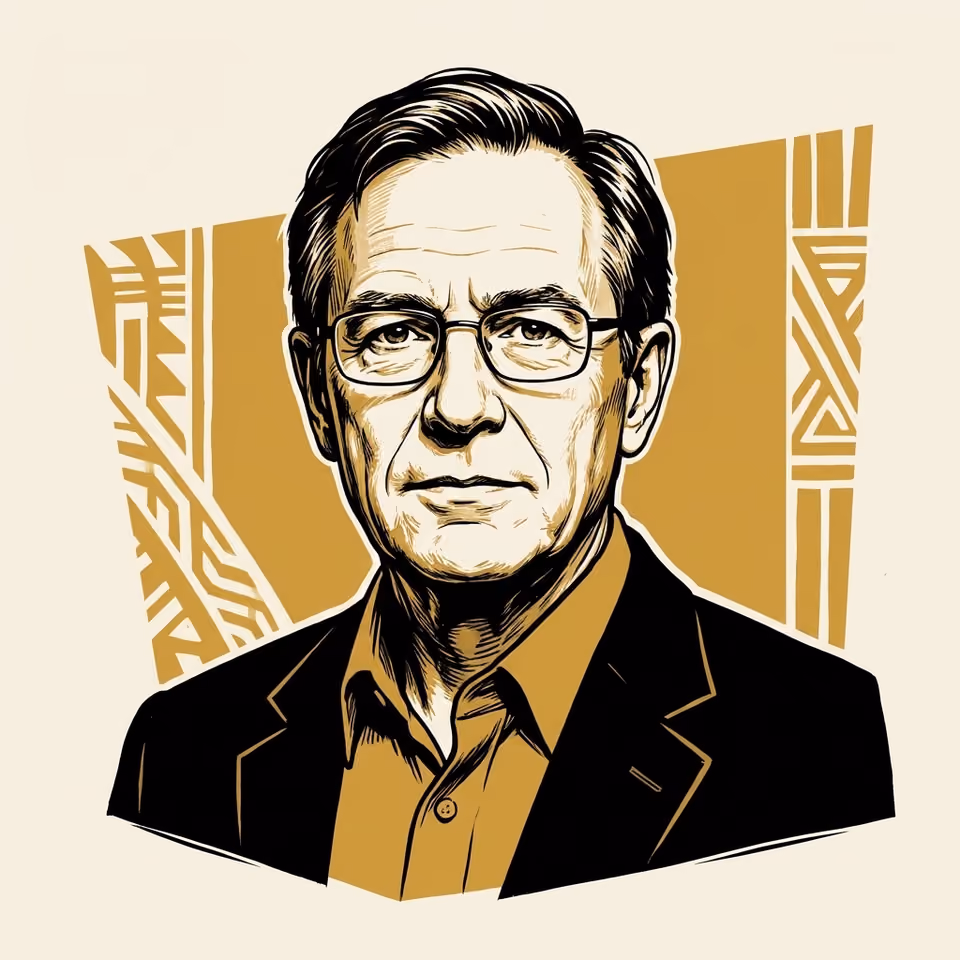 An inked portrait of an older person in glasses, wearing a dark jacket over a gold shirt, against a panel of gold geometric pattern