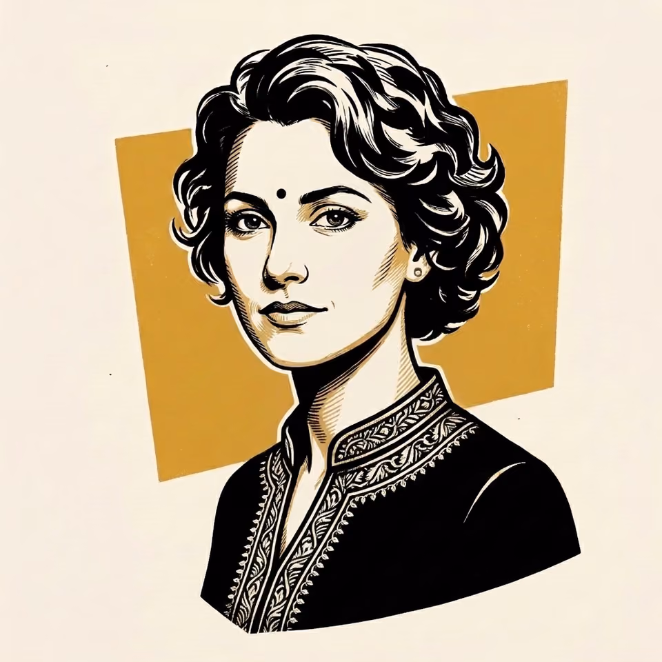An inked portrait of a person with short curly hair, a bindi, and a high embroidered collar, against a plain gold panel