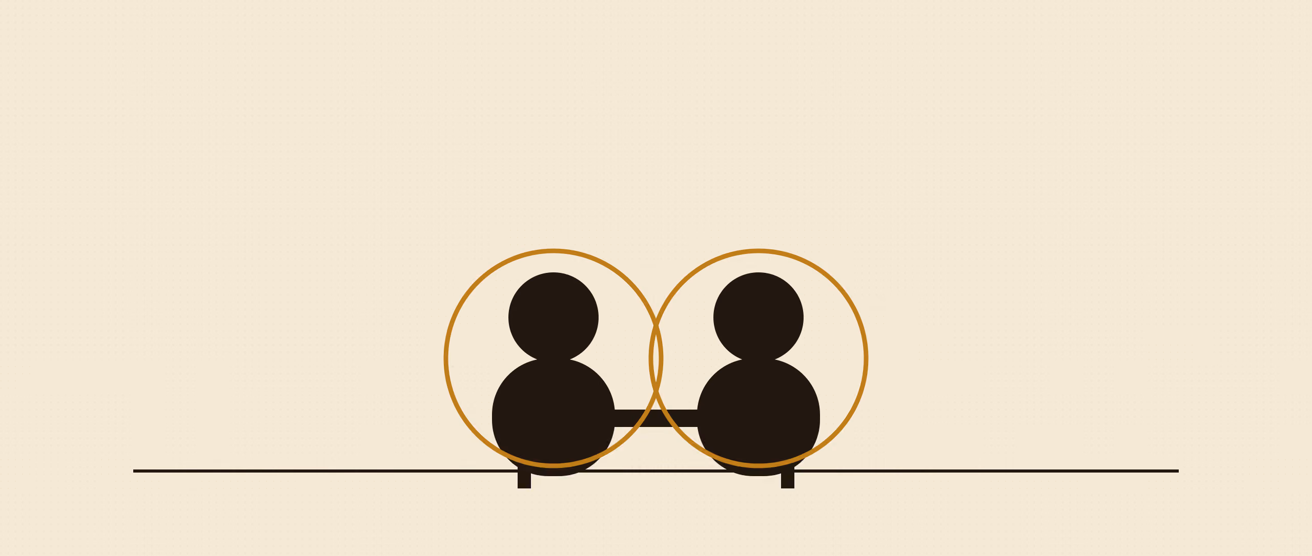 Two overlapping circles of personal space, drawn as gold rings on a cream ground, in a two-ink risograph print