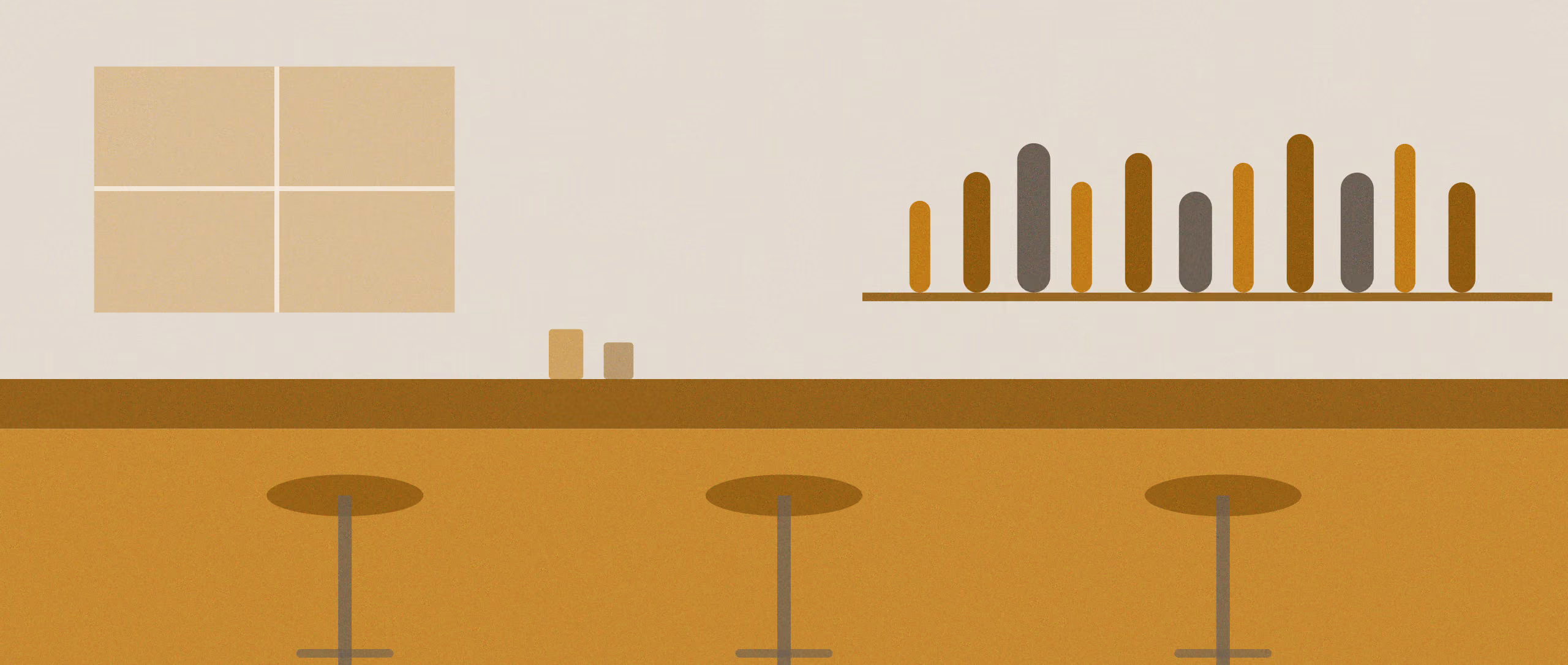 A bar interior reduced to flat gold and grey shapes — a mullioned window, a back shelf of bottles, a counter, and three empty stools — in a two-ink risograph print