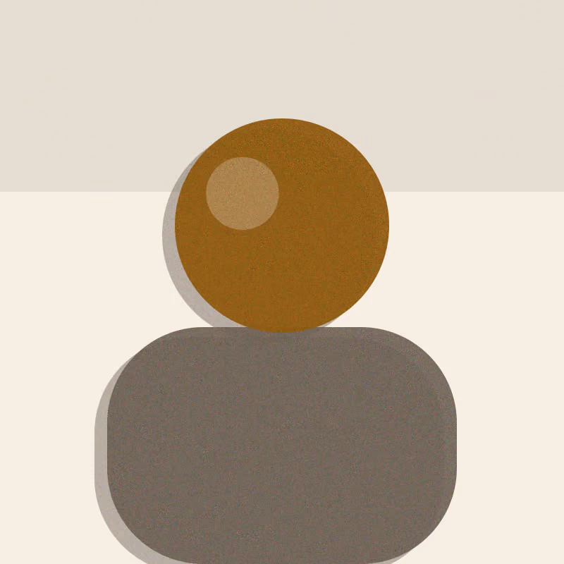 An abstract portrait — a bronze circle over rounded grey shoulders on warm cream, the second ink offset the way a risograph mis-registers