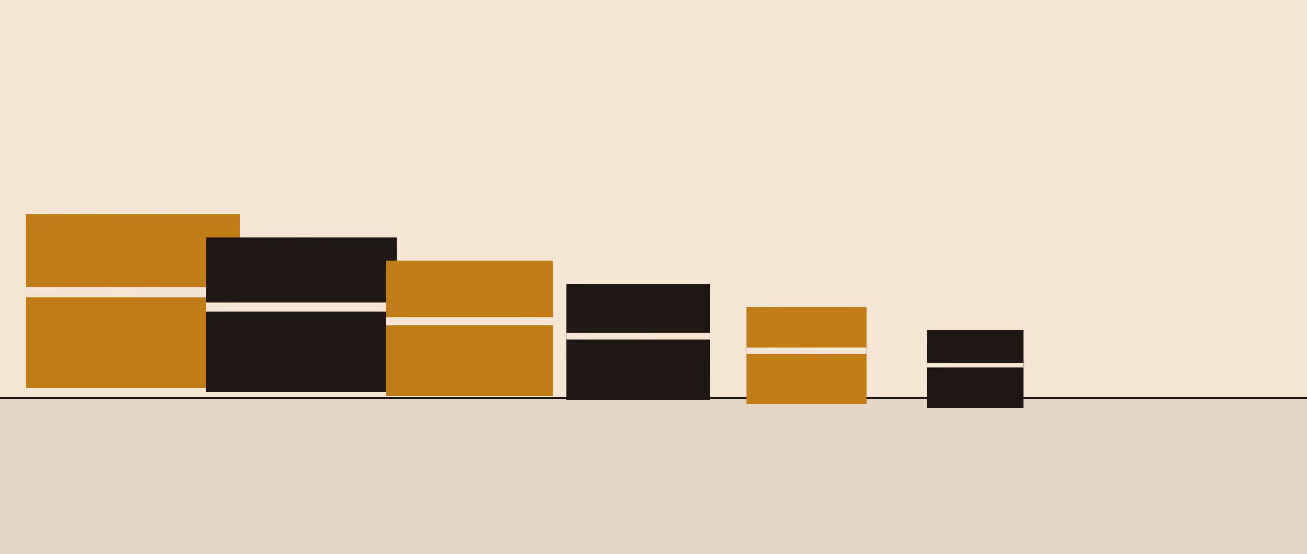 A row of shipping boxes on a receding line, flat gold and black shapes on warm cream, in a two-ink risograph print