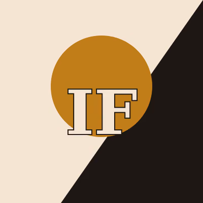An abstract monogram avatar for Idris Fenn — the initials "IF" over a flat gold circle, split by a black diagonal, in the site's two-ink register