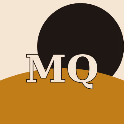 An abstract monogram avatar for Marisol Quaye — the initials "MQ" over a flat black circle, rising above a gold horizon, in the site's two-ink register