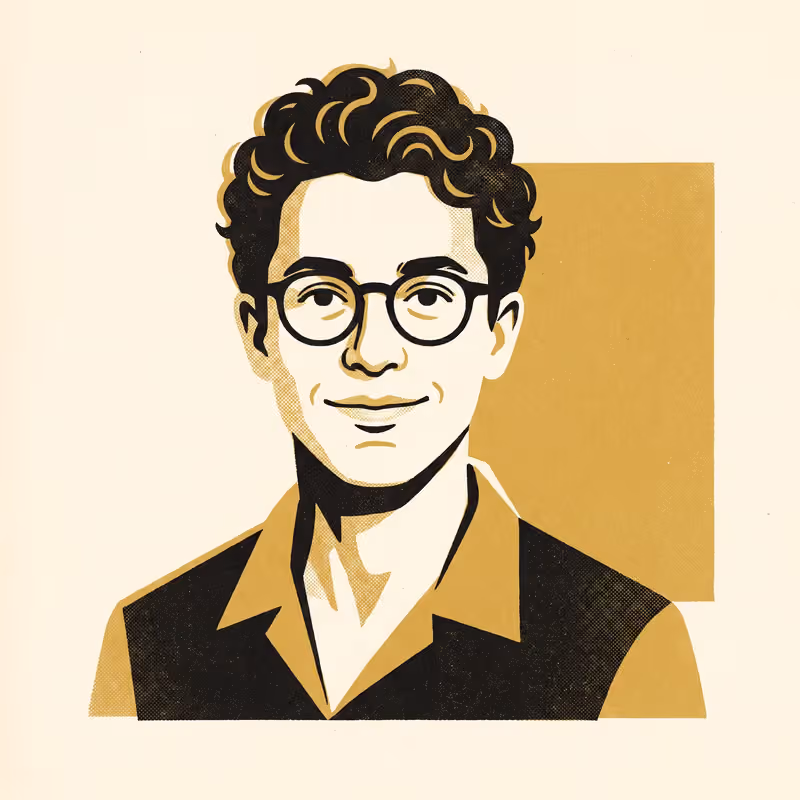 A stylised portrait of a person facing the viewer, flat gold and black shapes on warm cream, in a two-ink risograph print