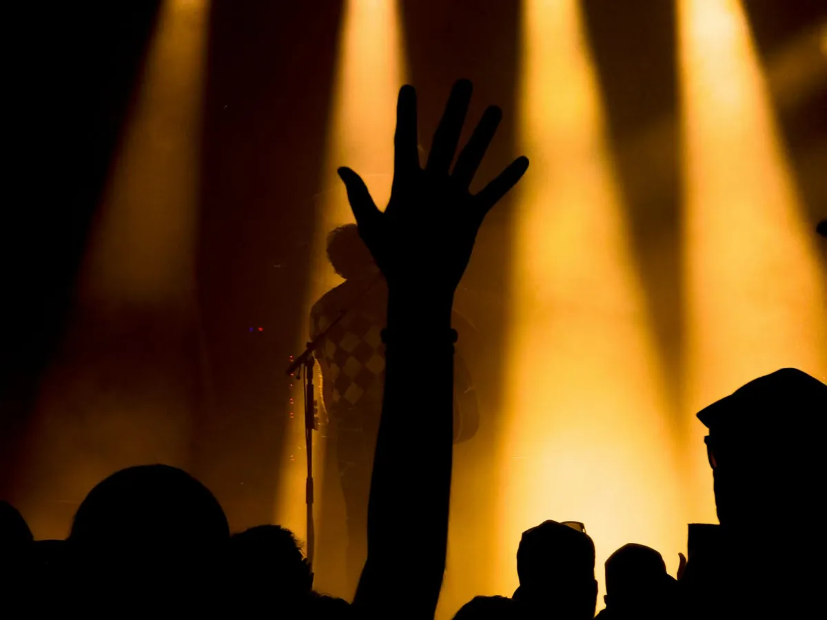 A concert crowd in silhouette against warm stage spotlights, one raised hand with a wristband visible in the foreground.