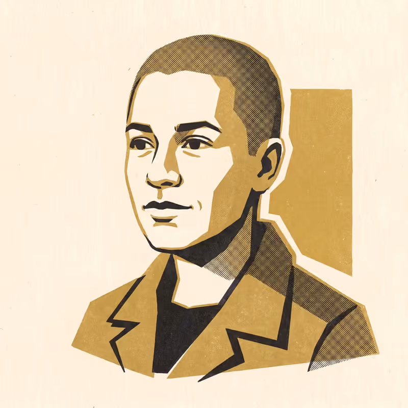 A stylised portrait of a person in three-quarter view, flat gold and black shapes on warm cream, in a two-ink risograph print