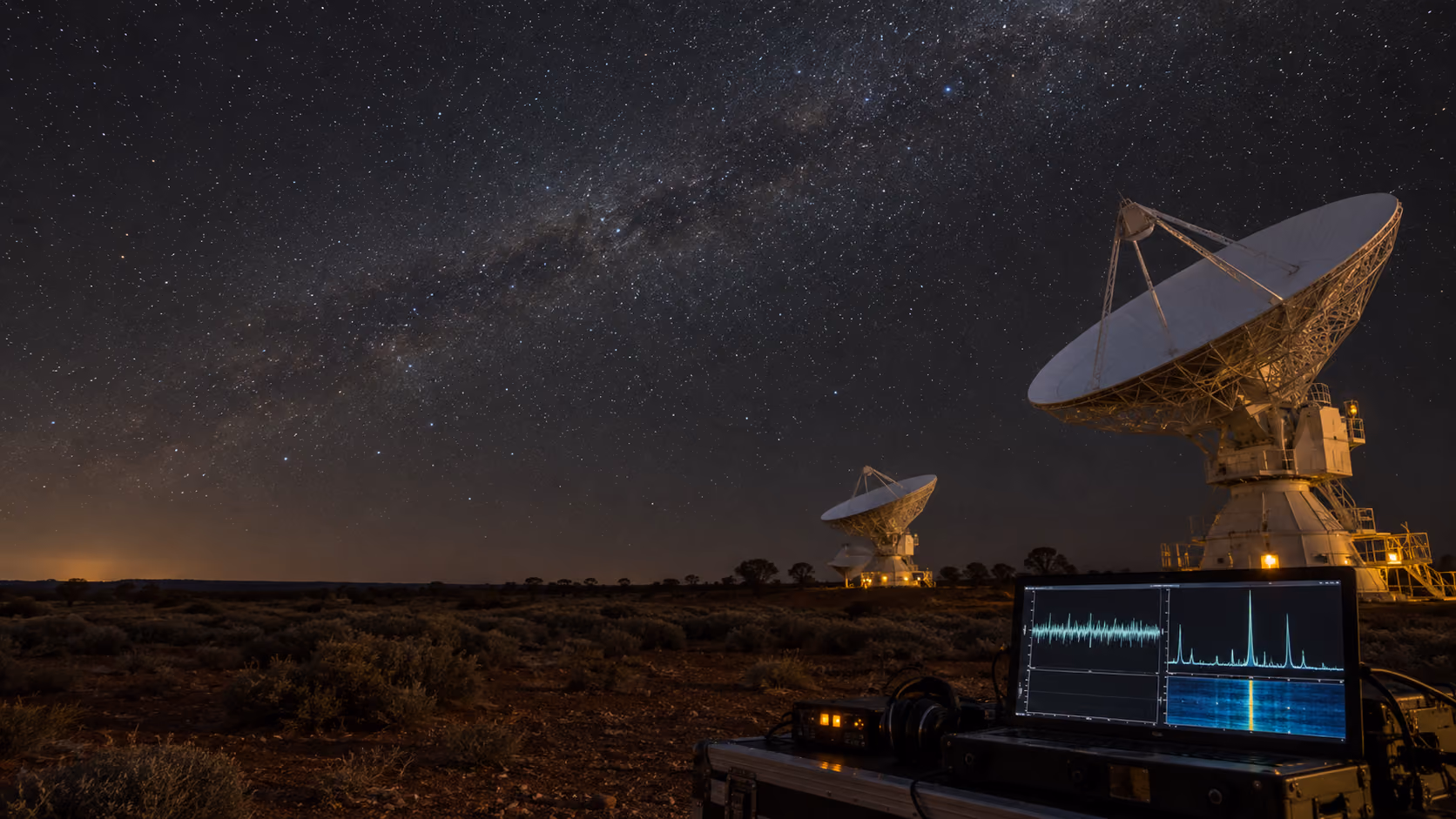 Radio telescope dishes beneath a measured night sky, with warm instrument light in the foreground