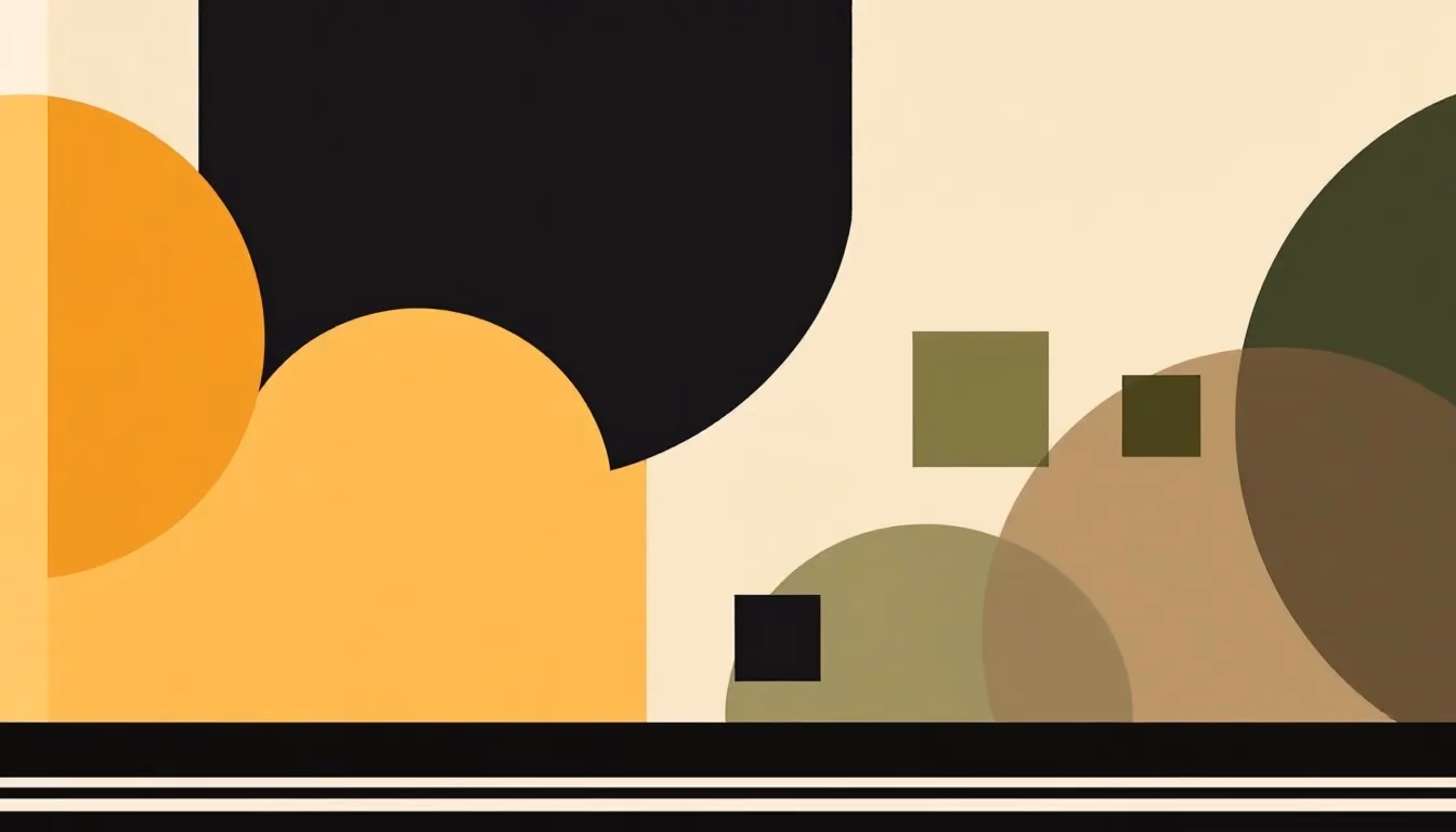 An abstract geometric composition on warm cream: a tall black rectangle topped with a warm-gold half-circle at left, three small muted dark-green squares in a diagonal row at lower right, a thin black baseline beneath