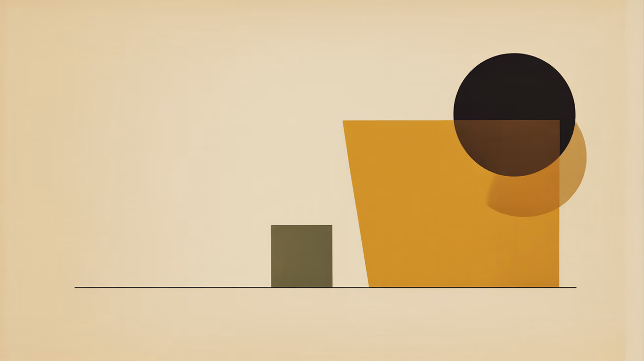 An abstract geometric composition on warm cream: a large warm-gold form and a black circle overlapping at right, a small muted dark-green square isolated at lower left, joined by a thin baseline