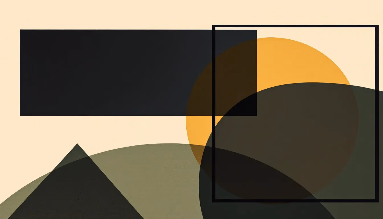 An abstract geometric composition on warm cream: three black bars stacked at left, a warm-gold circle overlapped by a thin black frame at right, a small muted dark-green triangle isolated at lower right