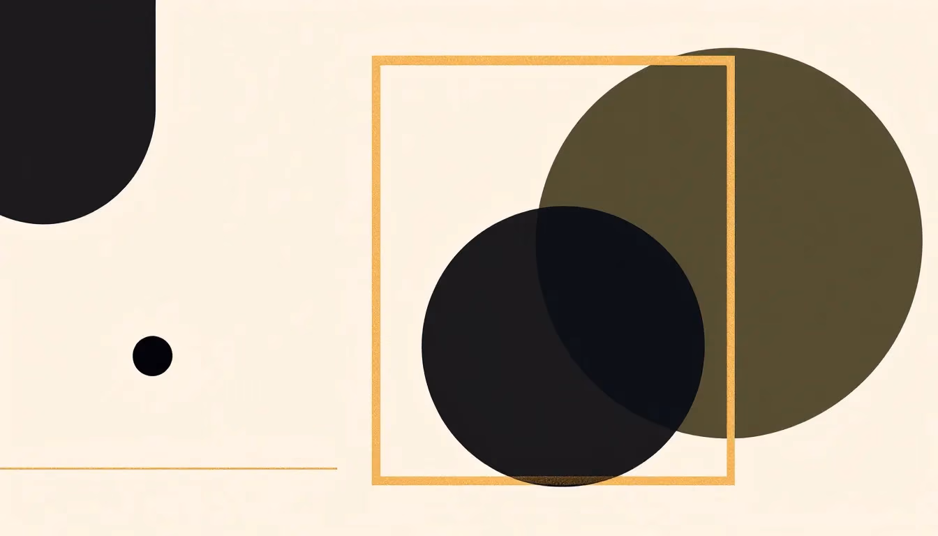 An abstract geometric composition on warm cream: two black circles of different sizes at right overlapped by a warm-gold frame outline, a small muted dark-green circle isolated at far left, joined by a thin baseline
