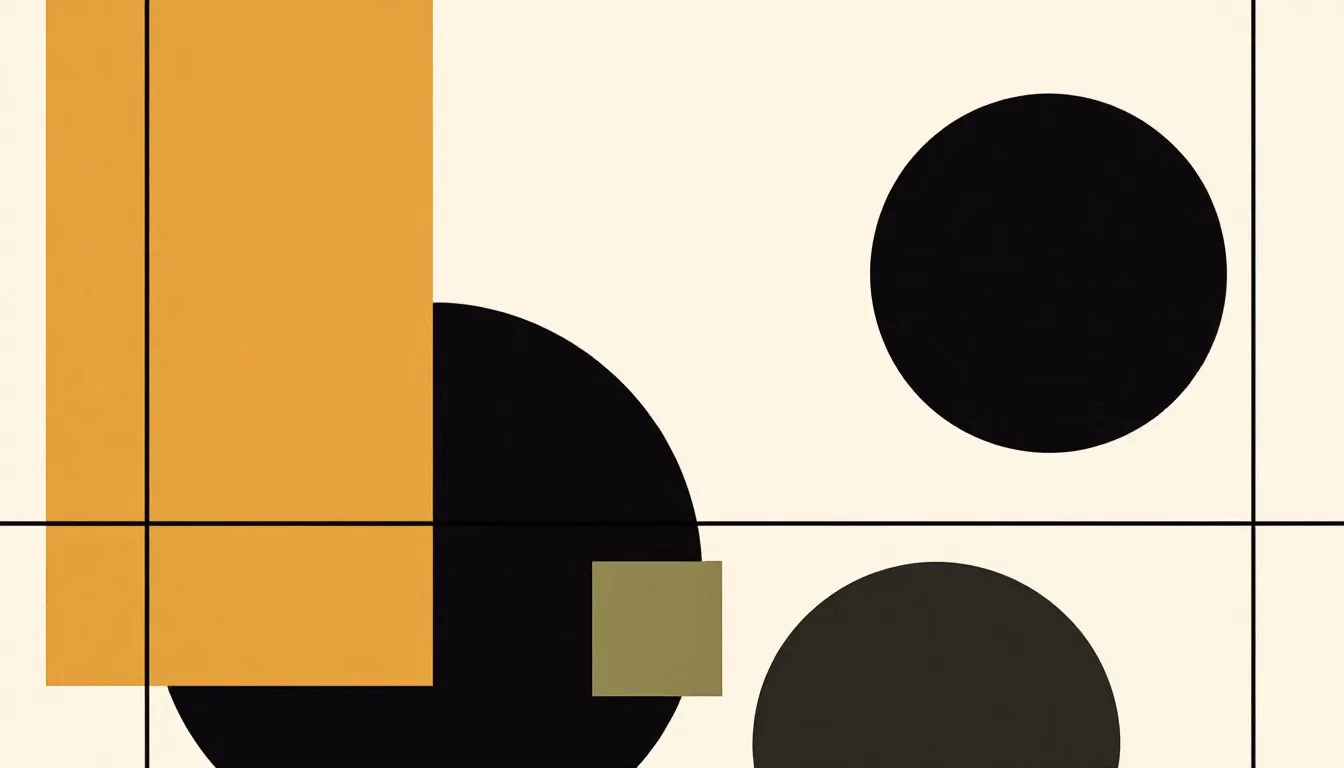 An abstract geometric composition on warm cream: a warm-gold rectangle split by a thin black line at left, a black circle cropped by the frame edge at right, a small muted dark-green square isolated at bottom center
