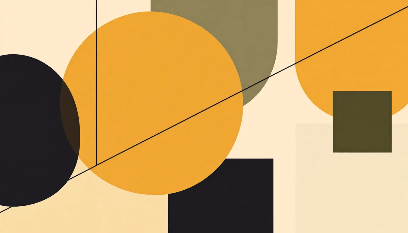 An abstract geometric composition on warm cream: two large overlapping warm-gold and black circles at center-left crossed by a thin black frame, a small muted dark-green square isolated at upper right