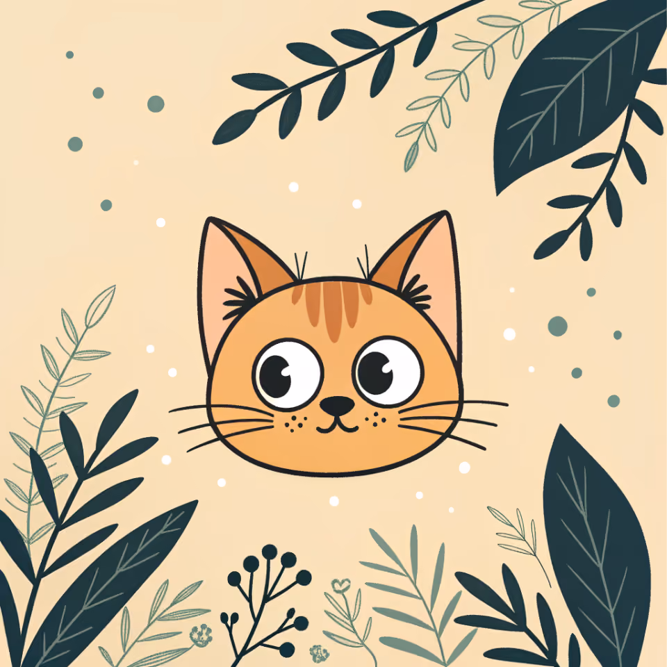 A flat-vector meme-cat portrait on a warm cream background: a small curious orange tabby cat face with wide eyes, surrounded by dark green leaves and foliage