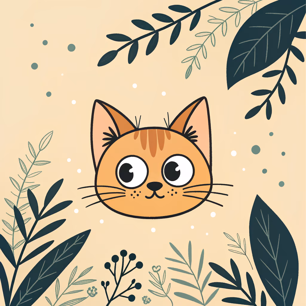 A flat-vector meme-cat portrait on a warm cream background: a small curious orange tabby cat face with wide eyes, surrounded by dark green leaves and foliage