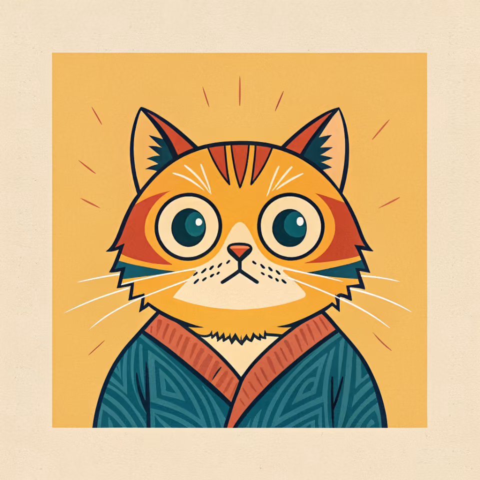 A flat-vector meme-cat portrait on a warm golden background: a wide-eyed orange tabby cat with a startled, knowing expression, wearing a teal and rust patterned garment