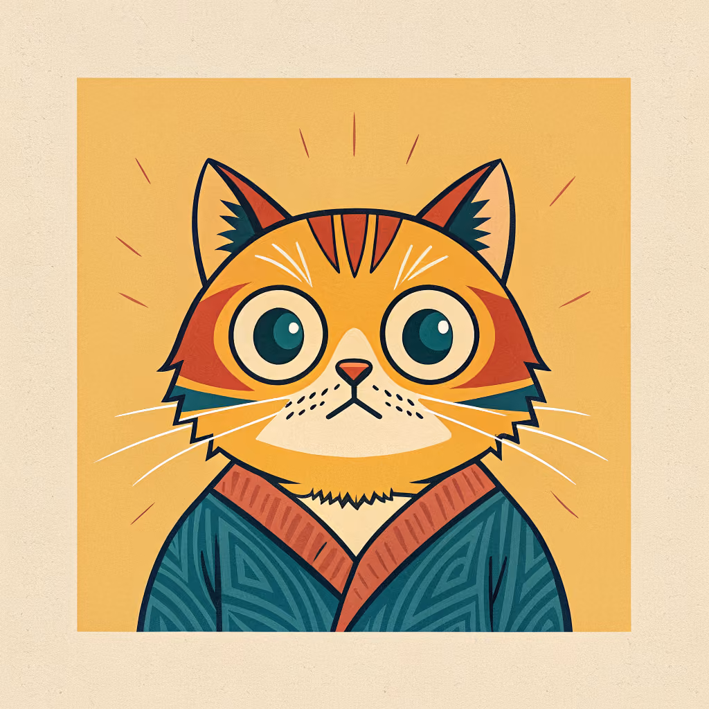 A flat-vector meme-cat portrait on a warm golden background: a wide-eyed orange tabby cat with a startled, knowing expression, wearing a teal and rust patterned garment