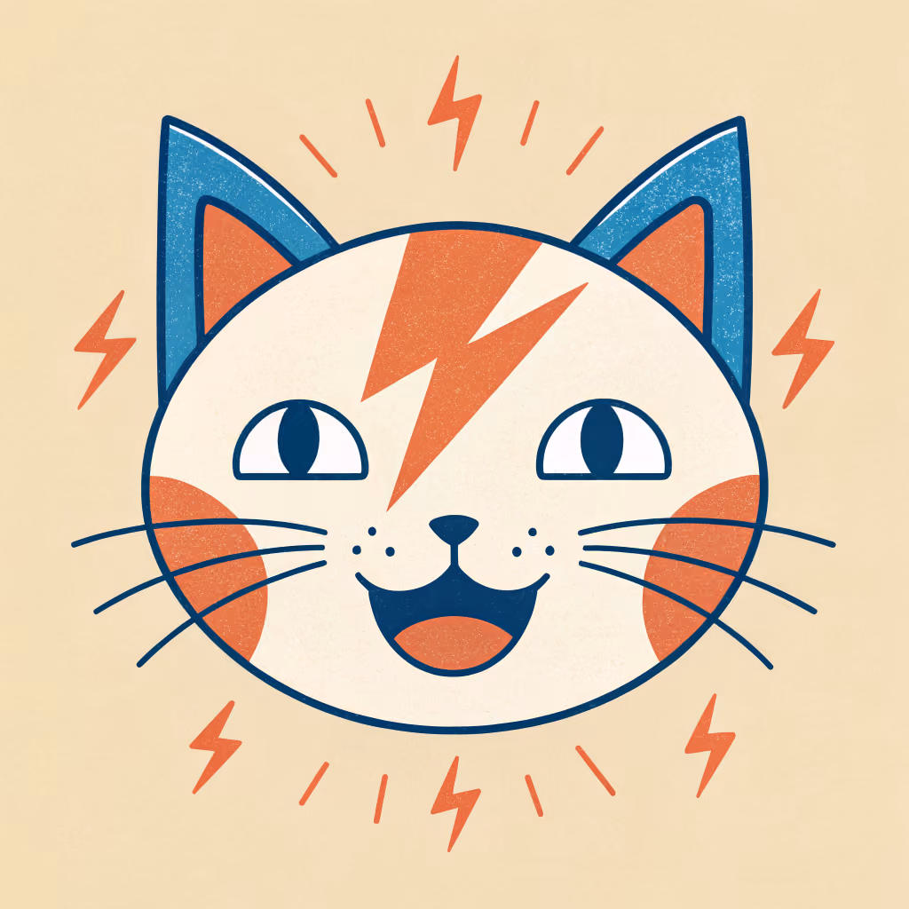 A flat-vector meme-cat portrait on a warm cream background: a grinning cream-coloured cat with blue ears and an orange lightning-bolt marking on its forehead, small lightning bolts scattered around it