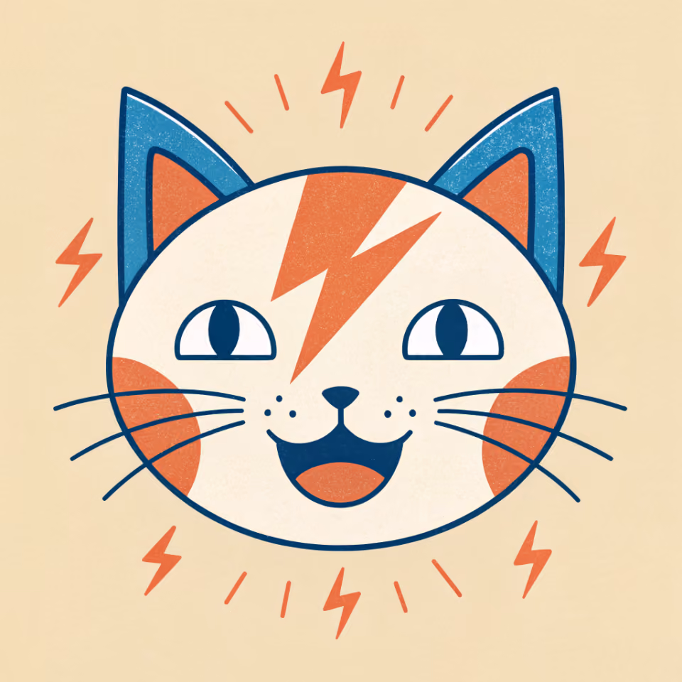 A flat-vector meme-cat portrait on a warm cream background: a grinning cream-coloured cat with blue ears and an orange lightning-bolt marking on its forehead, small lightning bolts scattered around it