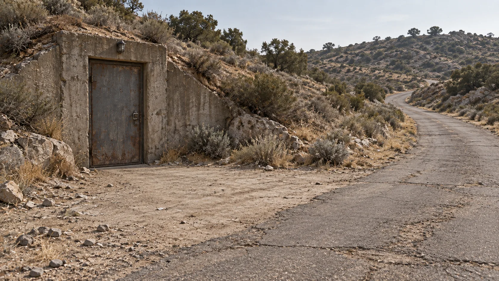 Reference sheet for the bunker exterior, road and surrounding mountains