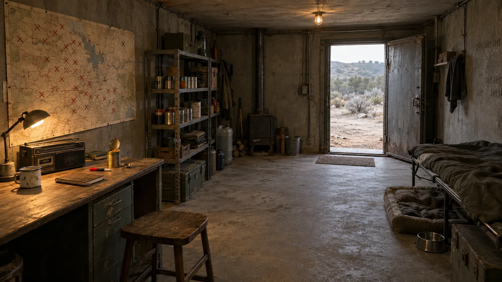 Reference sheet for the bunker interior with map, radio, table, shelves and iron door
