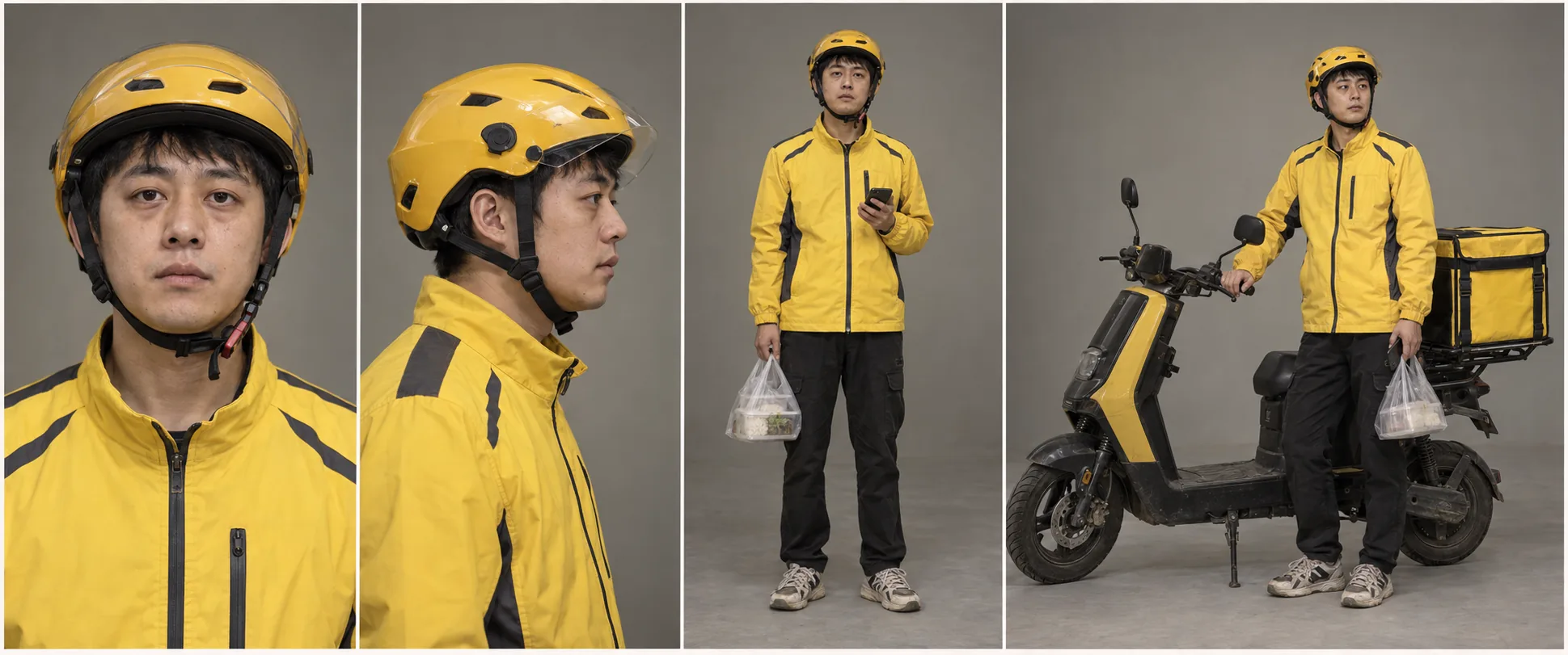 Reference sheet for the delivery rider in a yellow helmet and uniform