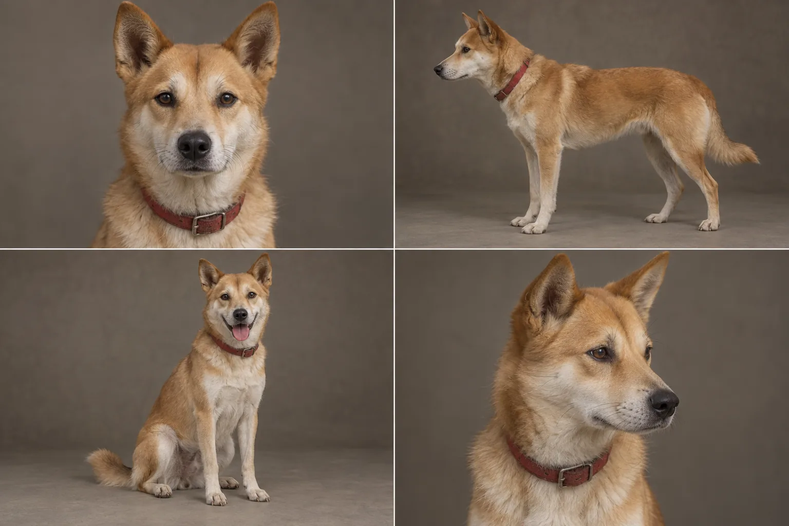 Reference sheet for Lucky, a yellow-and-white dog with upright ears and a worn red collar