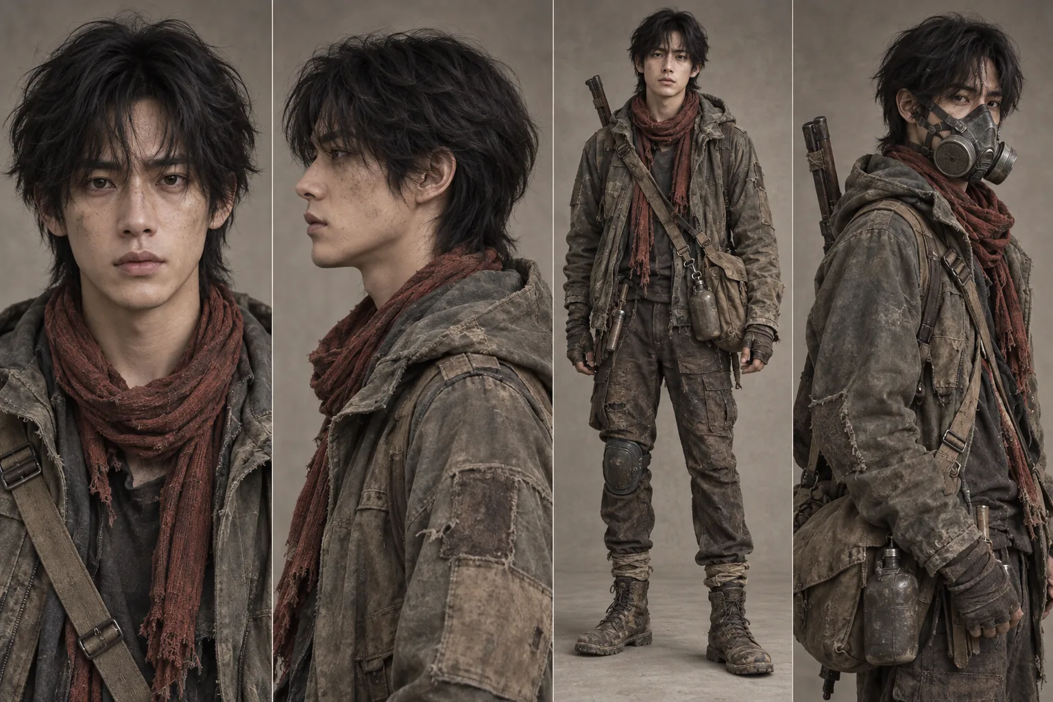 Reference sheet for the survivor, showing his face, clothing, red scarf and equipment