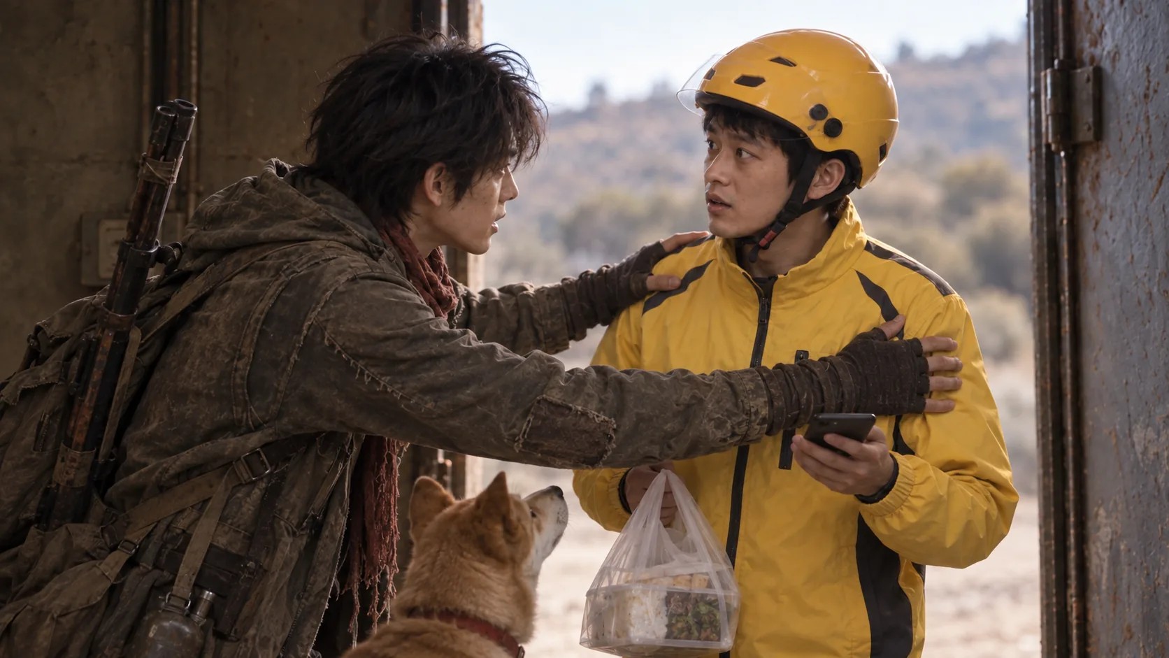Shot 20 keyframe: the survivor grips the delivery rider's shoulders at the bunker doorway while Lucky watches