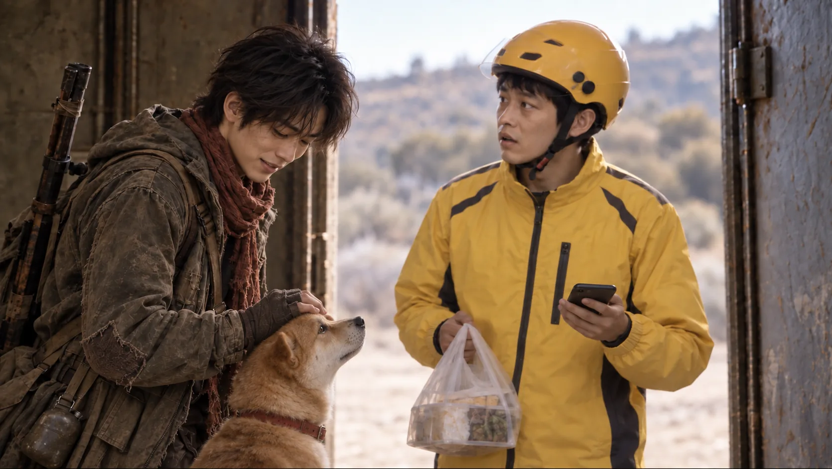 Revised Shot 21 keyframe: the survivor pets Lucky's head and Lucky looks up at him while the rider remains at the doorway