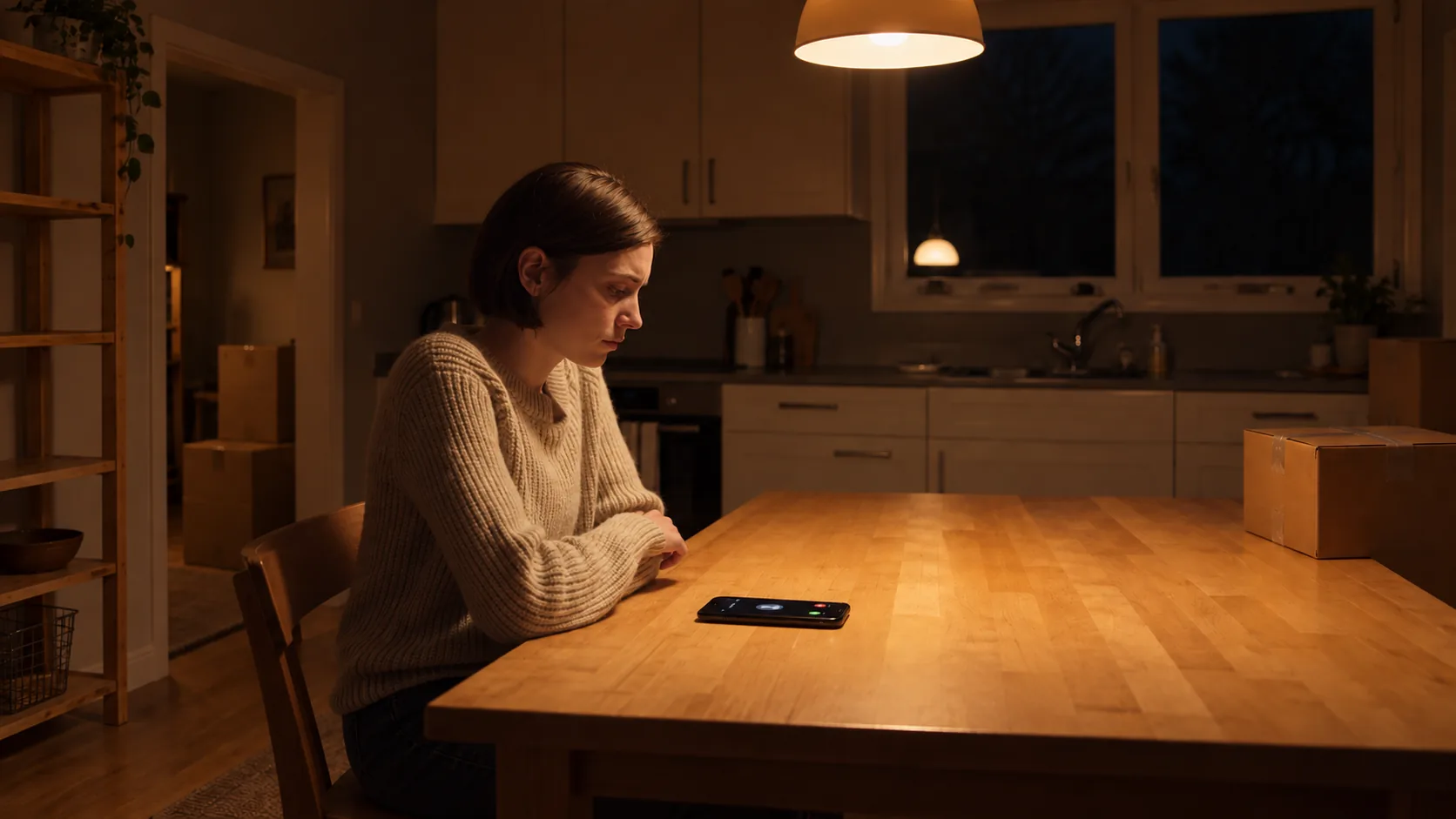 Wide storyboard frame: Nadia, with a short brown bob and oatmeal knit sweater, sits alone at the wooden kitchen table beside the incoming phone call and packing boxes.