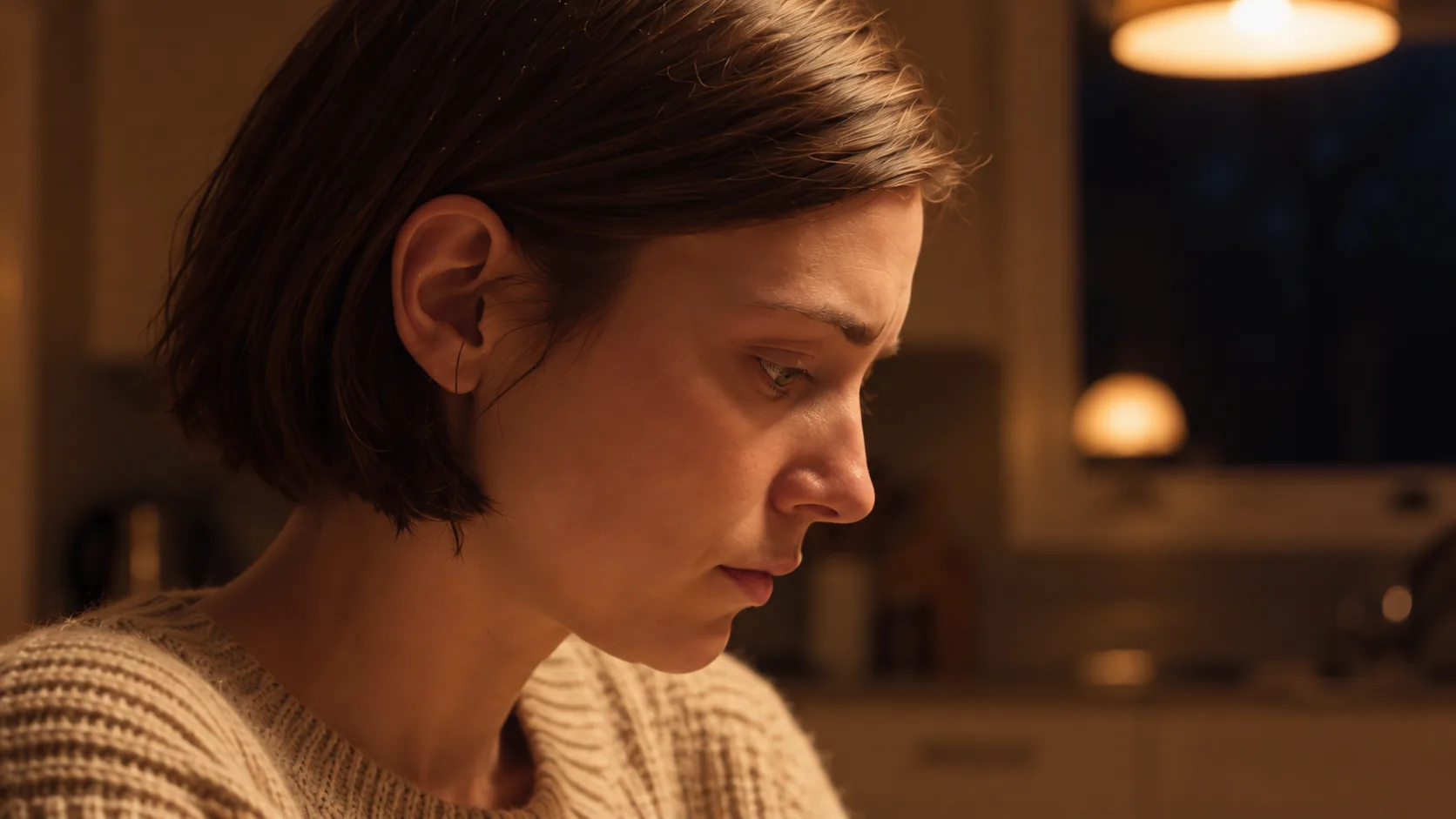 Facial close-up storyboard frame: Nadia looks down, lips closed, with a restrained expression under the same warm kitchen light.