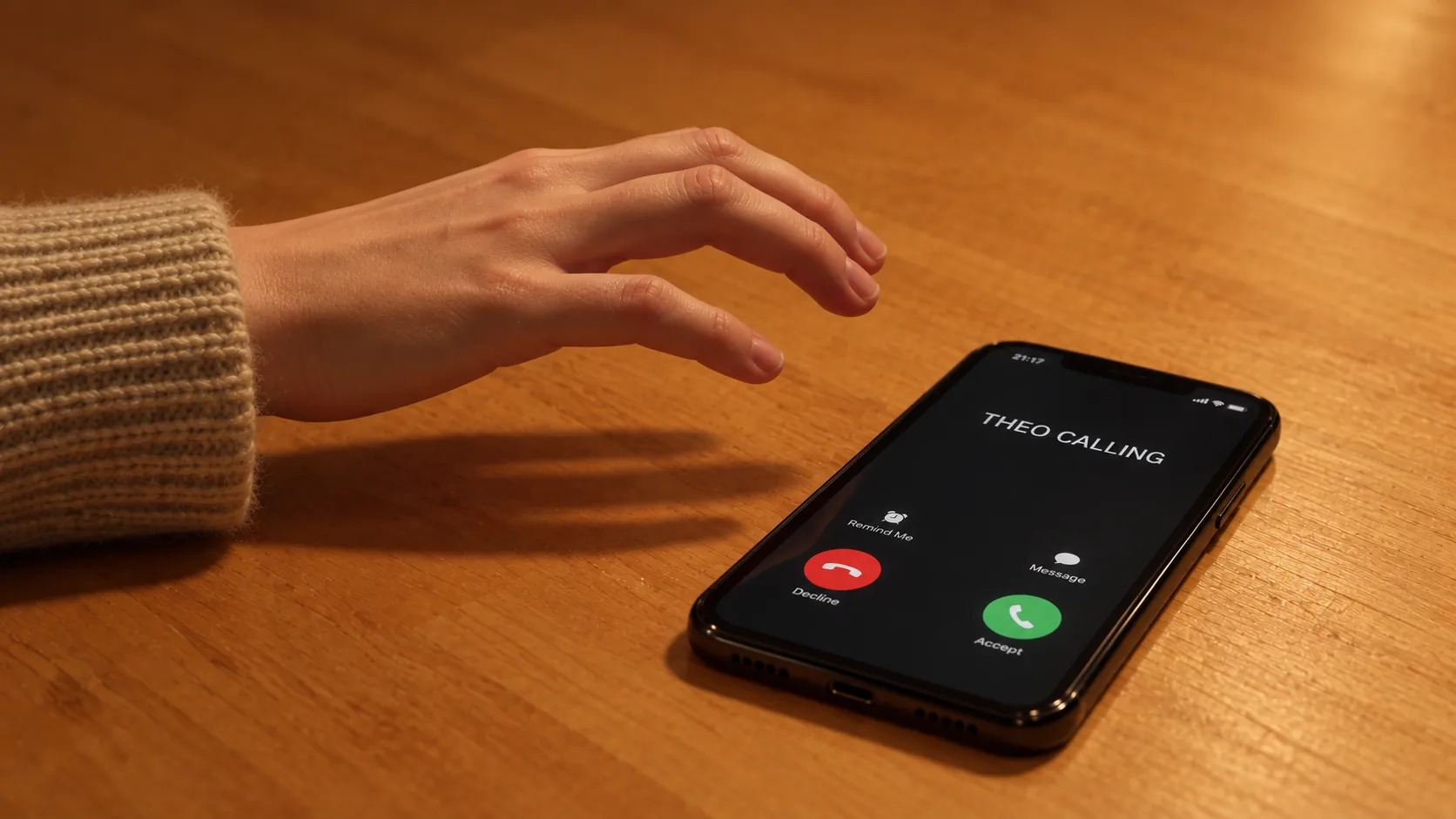 Hand insert storyboard frame: Nadia's oatmeal sweater cuff and right hand approach the incoming-call phone, with a visible air gap between her fingers and the phone.