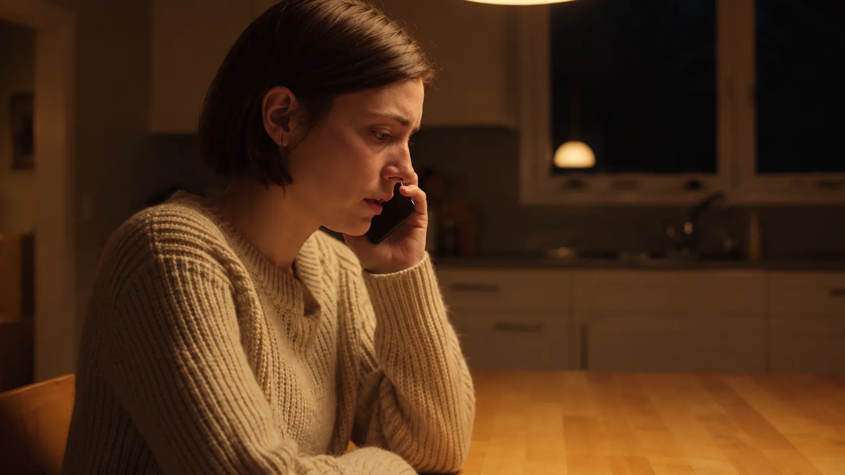 End-stage storyboard frame of the same shot 5: Nadia holds the black phone to her ear, lips slightly parted for Hey, in the same warm kitchen.