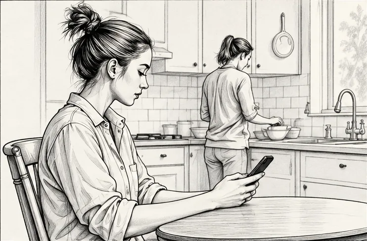 Medium shot: the seated character reads her phone while a housemate washes dishes behind her.
