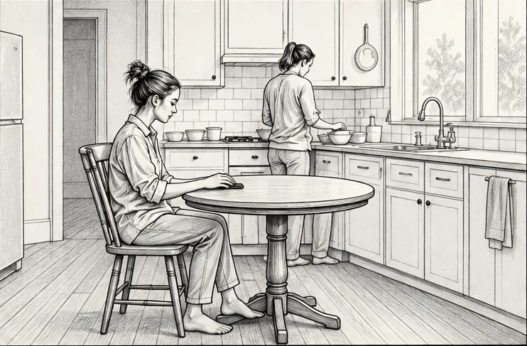 Wide shot of the same kitchen: the character sits at the table with her hand on the phone while the housemate remains at the sink.