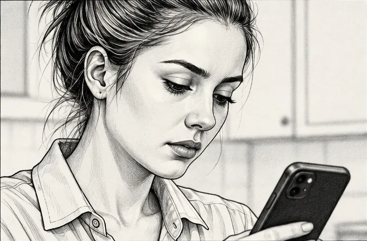 Close-up: the same character looks down at her phone, with the housemate outside the frame.
