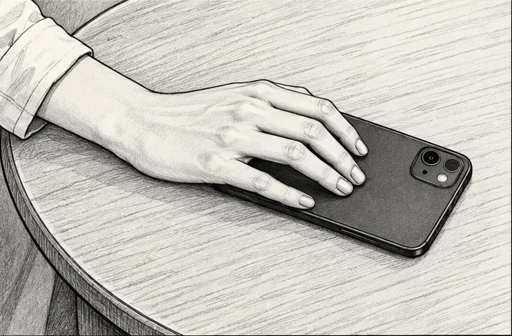 Insert: fingers linger on the back of the phone lying screen-down on the wooden table; the rear camera is visible.