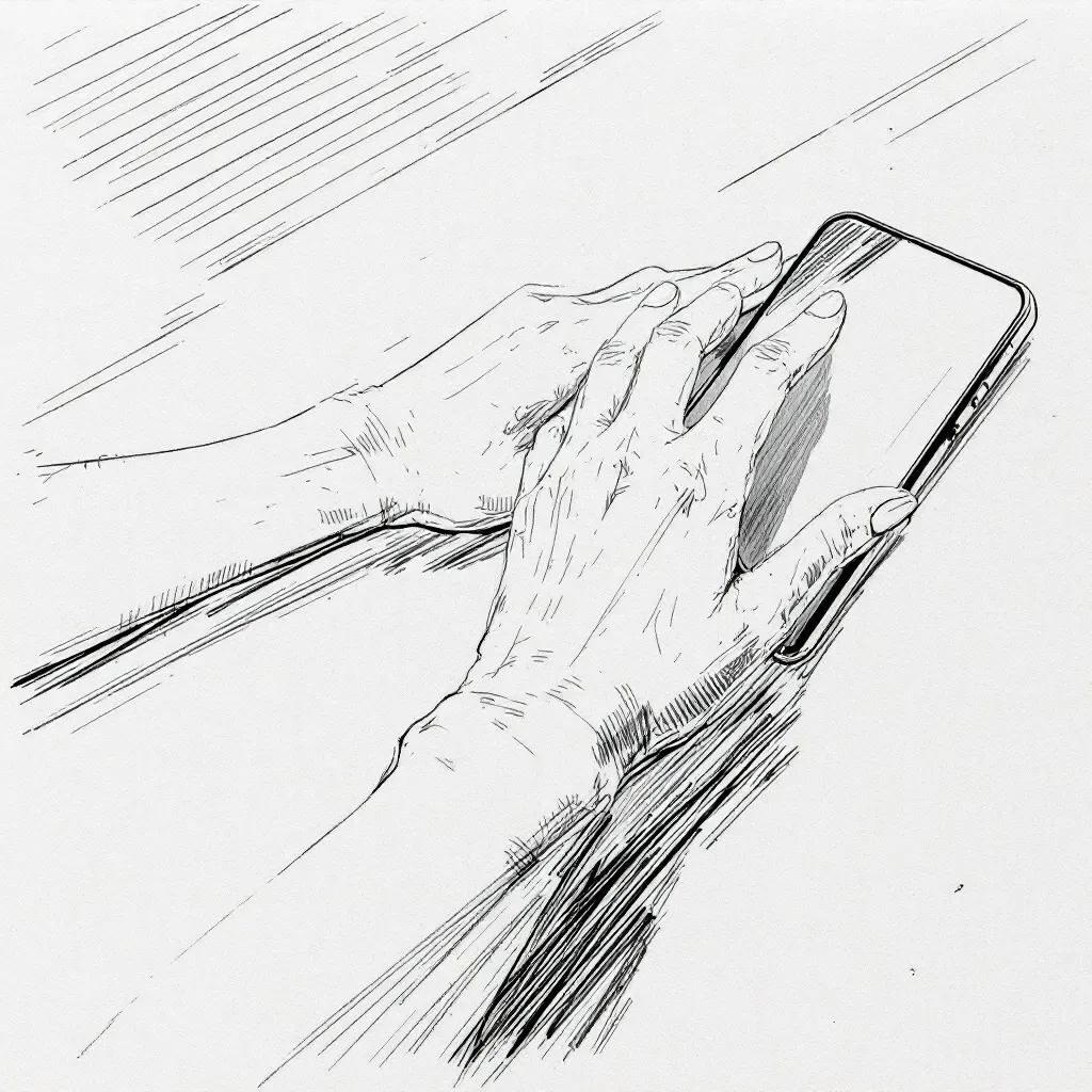 A close detail of hands resting on a smartphone on a tabletop.