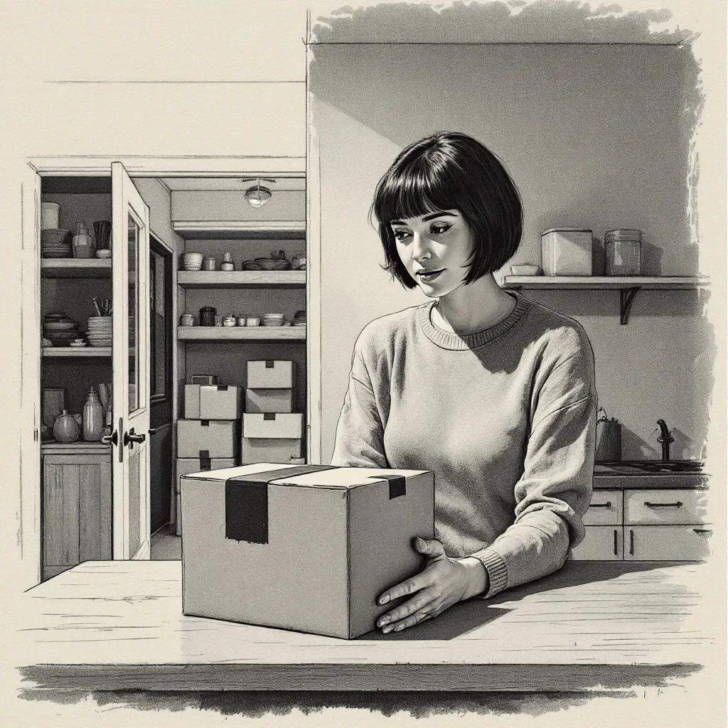 A woman shown from the waist up holding a box at the kitchen table.