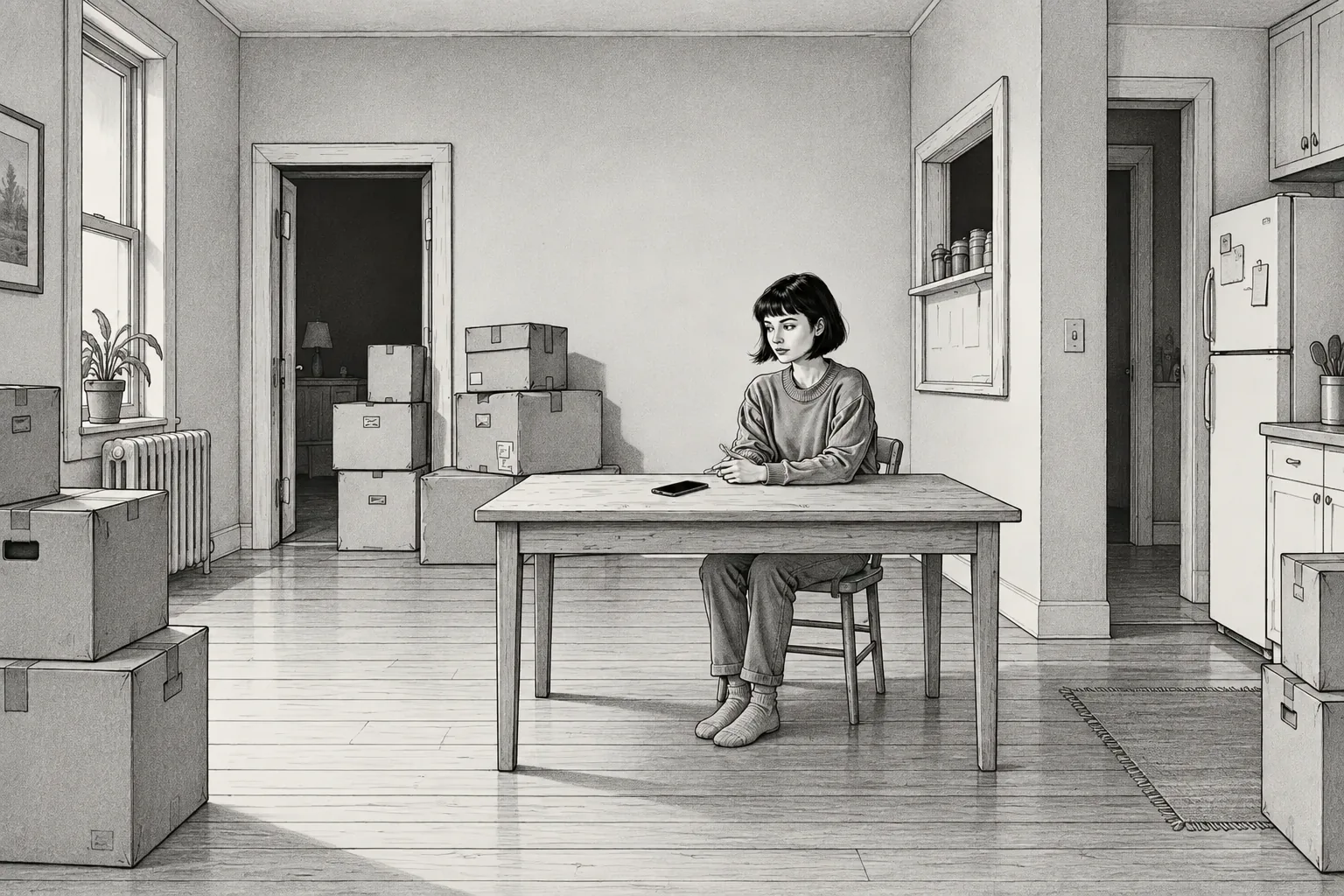 A seated woman, her entire chair and table, and the surrounding kitchen and packing boxes.